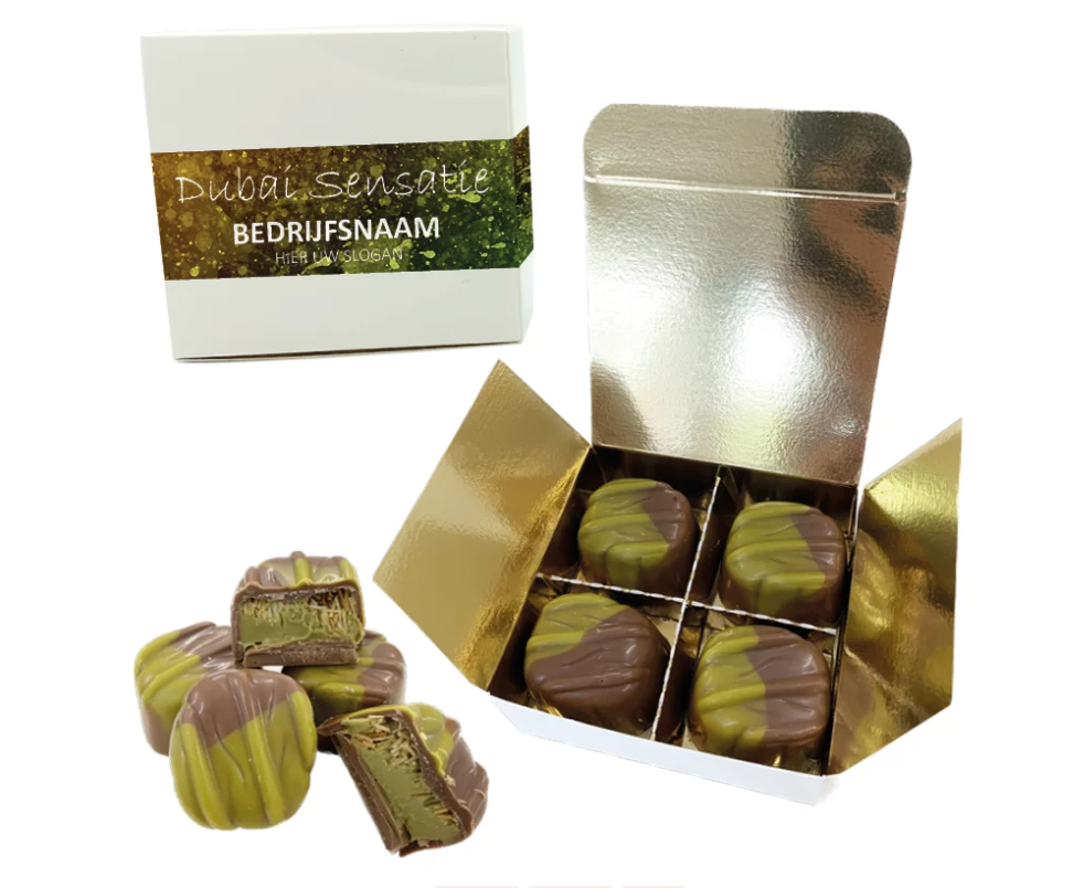 LogoChoc VIP Doosje met 4 DUBAI bonbons - inclusief dekselsticker of banderol 4vipdubai